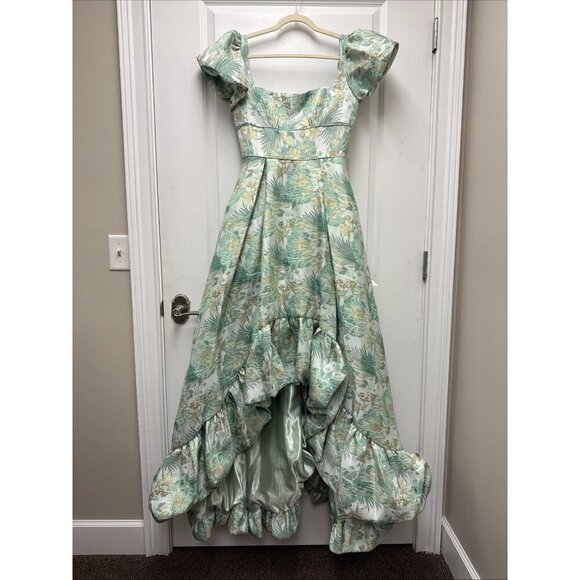 MAC DUGGAL Size 6 Green Floral Brocade 68276 Puff Sleeve High Low Gown Dress New - Picture 5 of 12